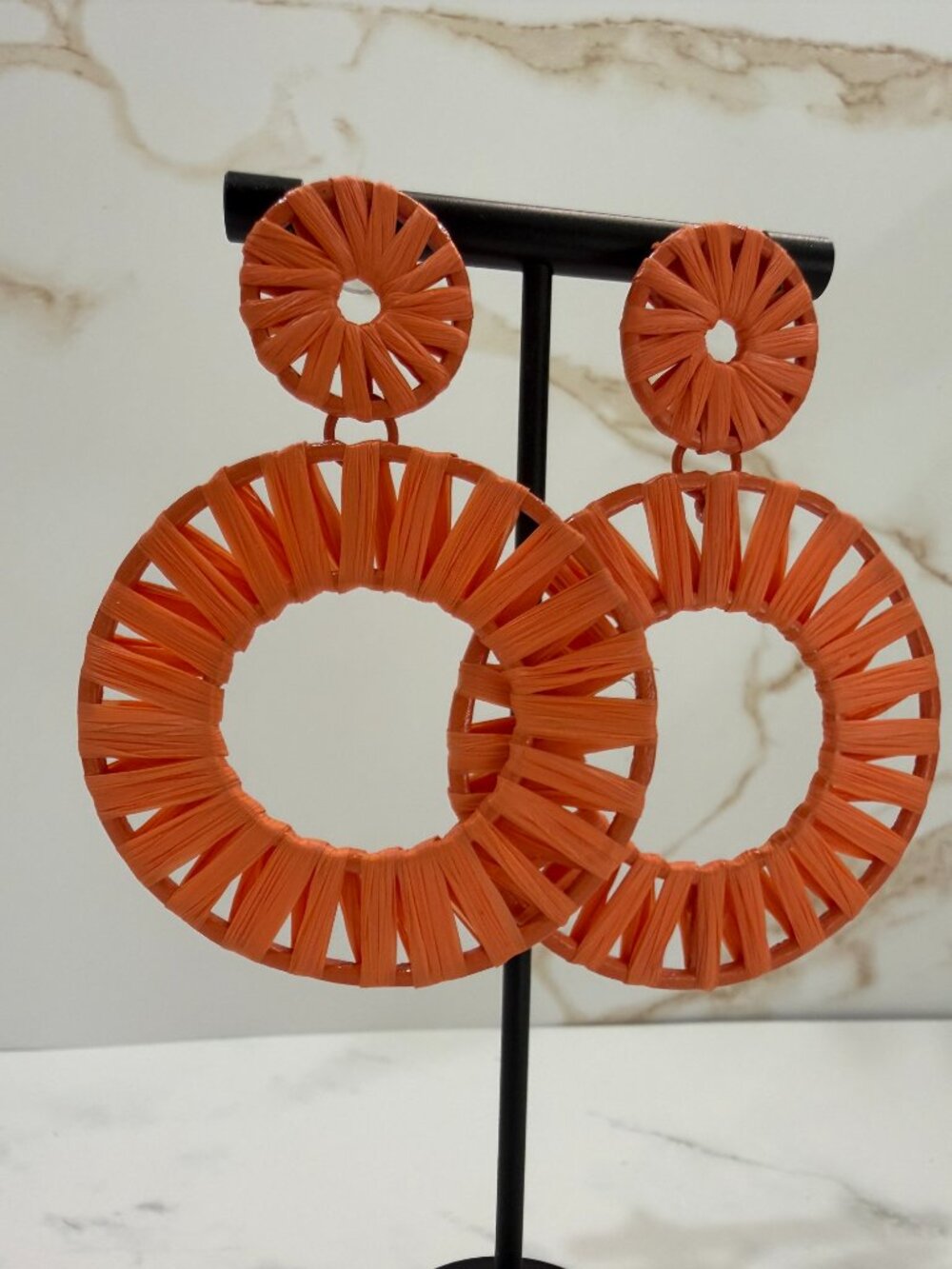 Orange Woven Rattan Straw Hoop Drop Earrings Geometric Boho Pierced